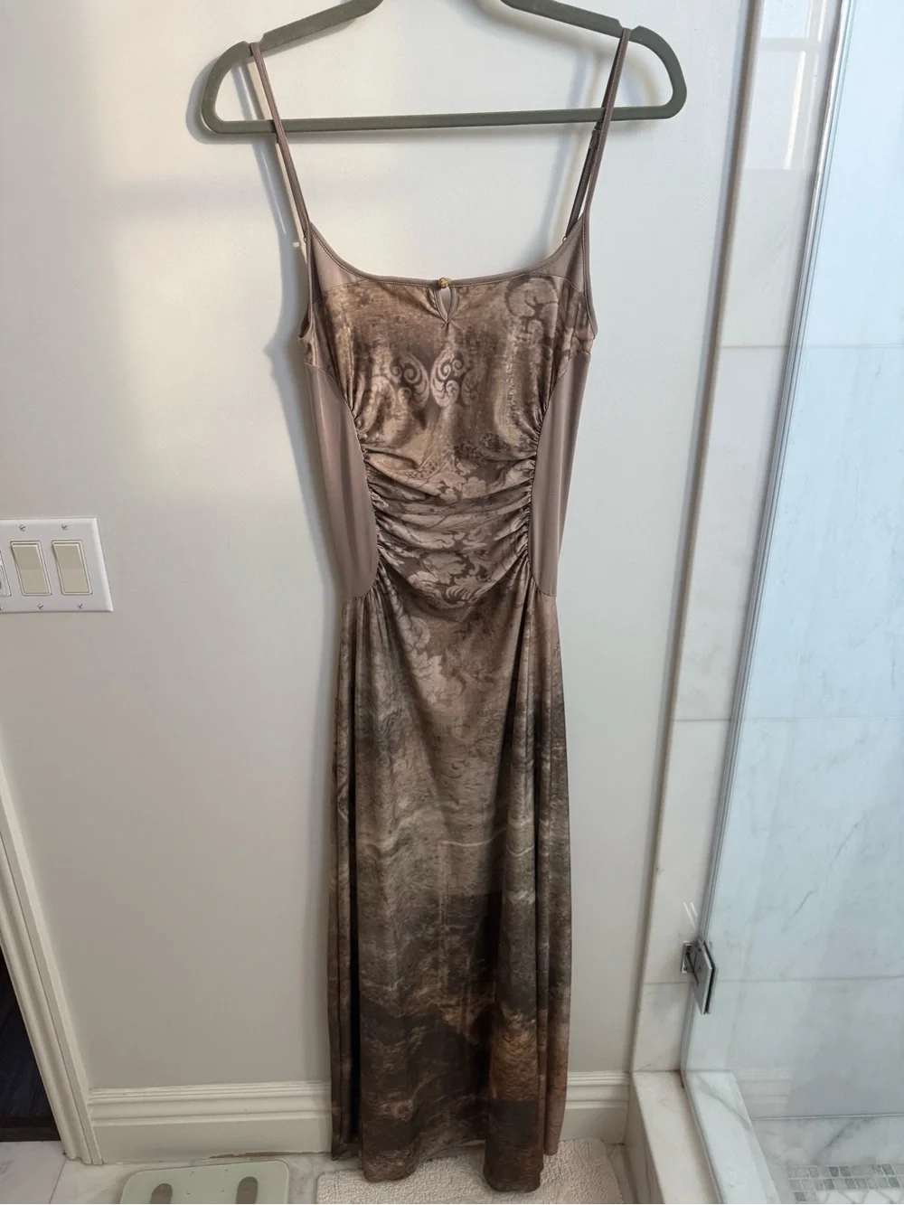 WALK IN DARK Vintage Print Ruched Maxi Dress | Size M | Brown